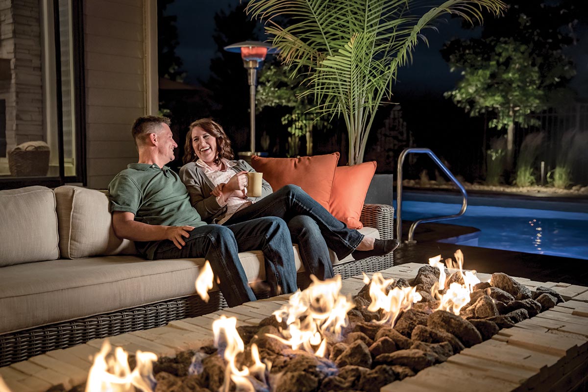 Fire pit and patio heat near pool in Charleston, SC